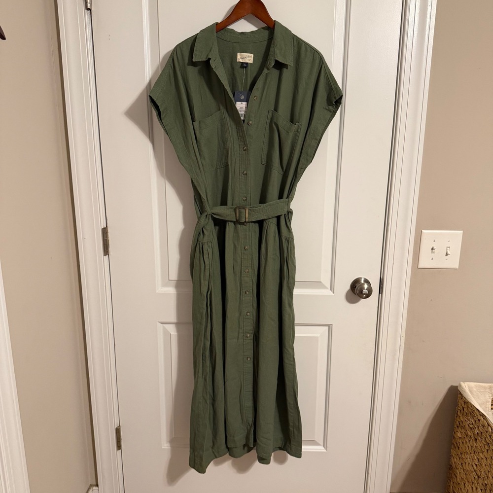 Universal Thread Olive Green Linen Blend Button Front Midi Belted Dress XL NWT